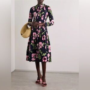 Oscar de la Renta Paneled Poppy Print Long Sleeve Midi Shirtdress
